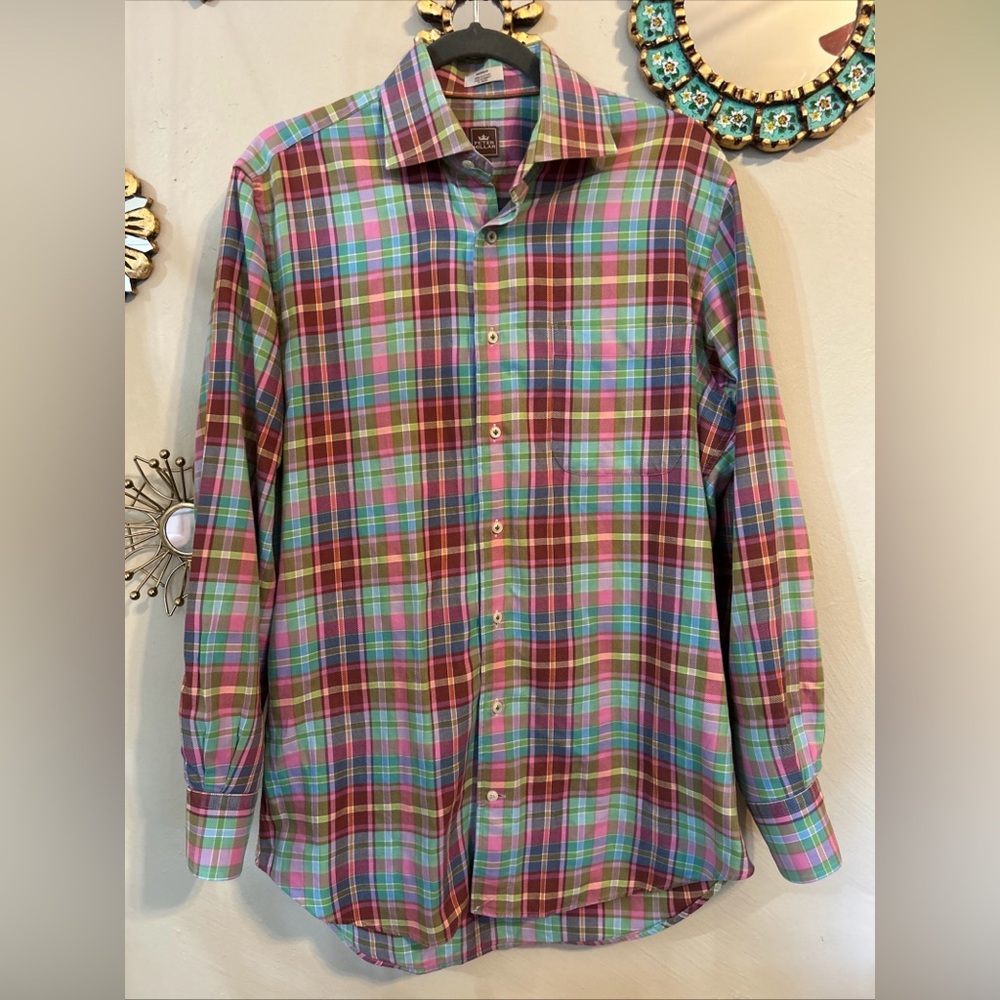 Peter Millar Men's Medium Button Up Long Sleeve Cotton Shirt Pink Blue Plaid